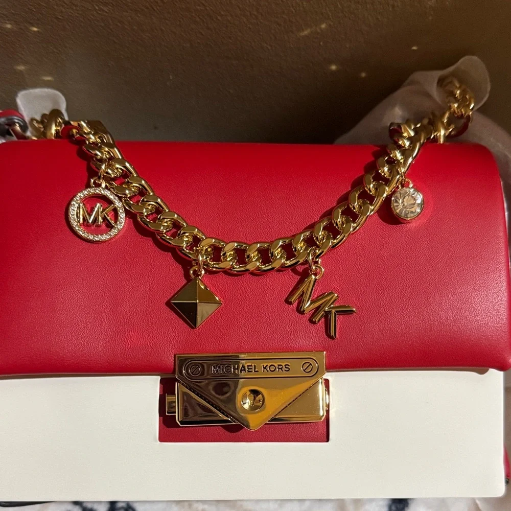 NWT Michael Kors Bright Red Crossbody/Shoulder Bag With Beautiful Gold Charms - Picture 9 of 16